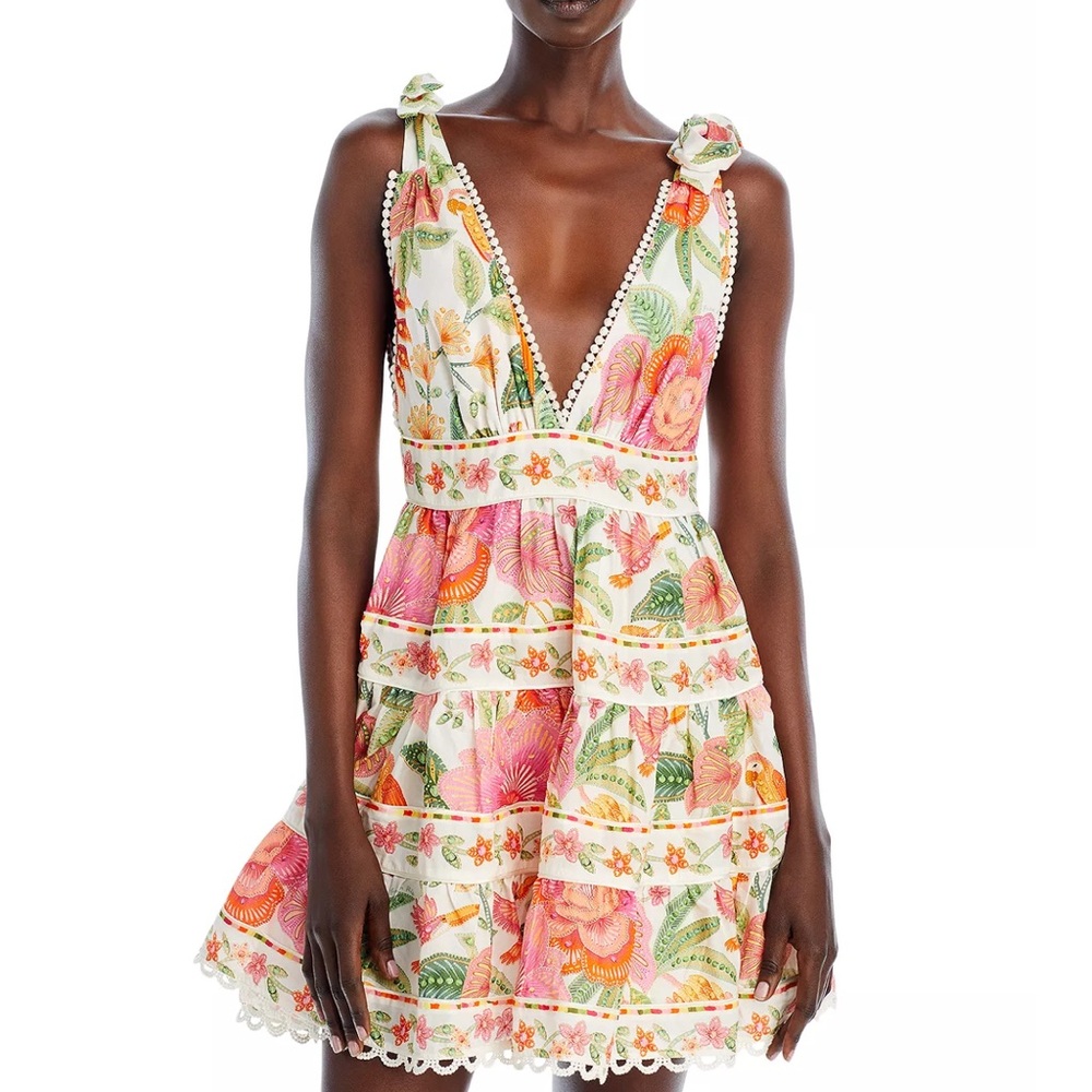 Farm Rio Macaw Bloom Floral V Neck Tiered Tropical Tie Shoulder Mini Dress Sz M